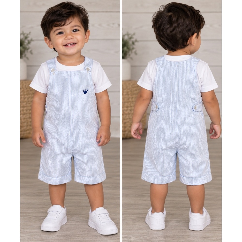 EPK Seersucker Romper Kids 3T Blue White Excellent French Style Stripe Overalls